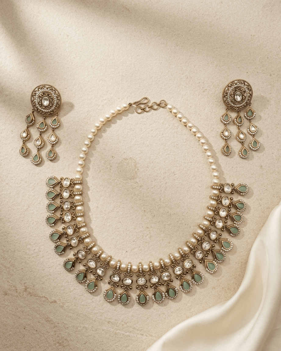 Mataari Necklace Gold Plated Kundan Polki Moissanite Pearl Beaded Teardrop Bridal Necklace