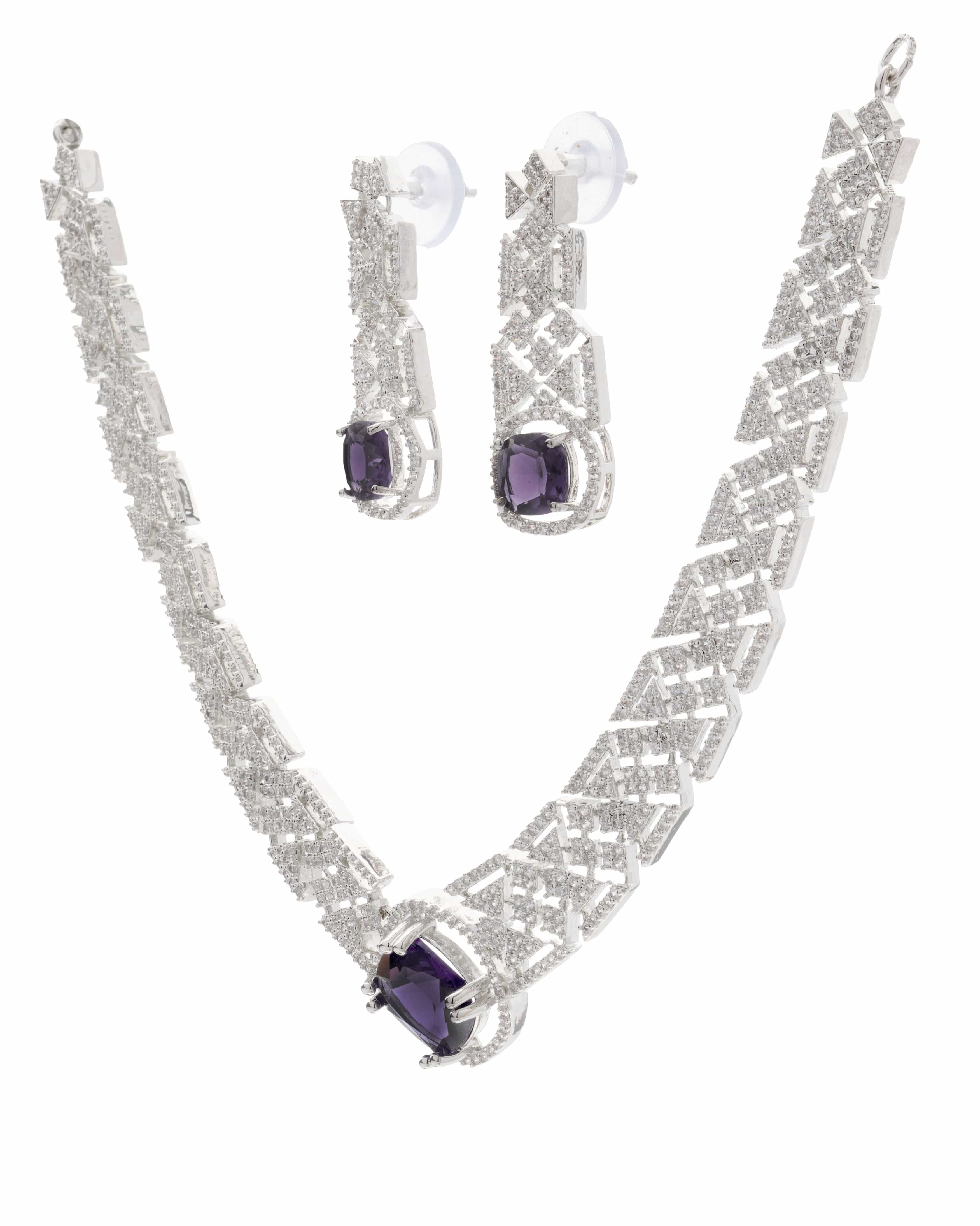 Mataari Necklaces Amethyst Allure CZ Choker & Earring Set | Rhodium | Indian Jewelry | Mataari