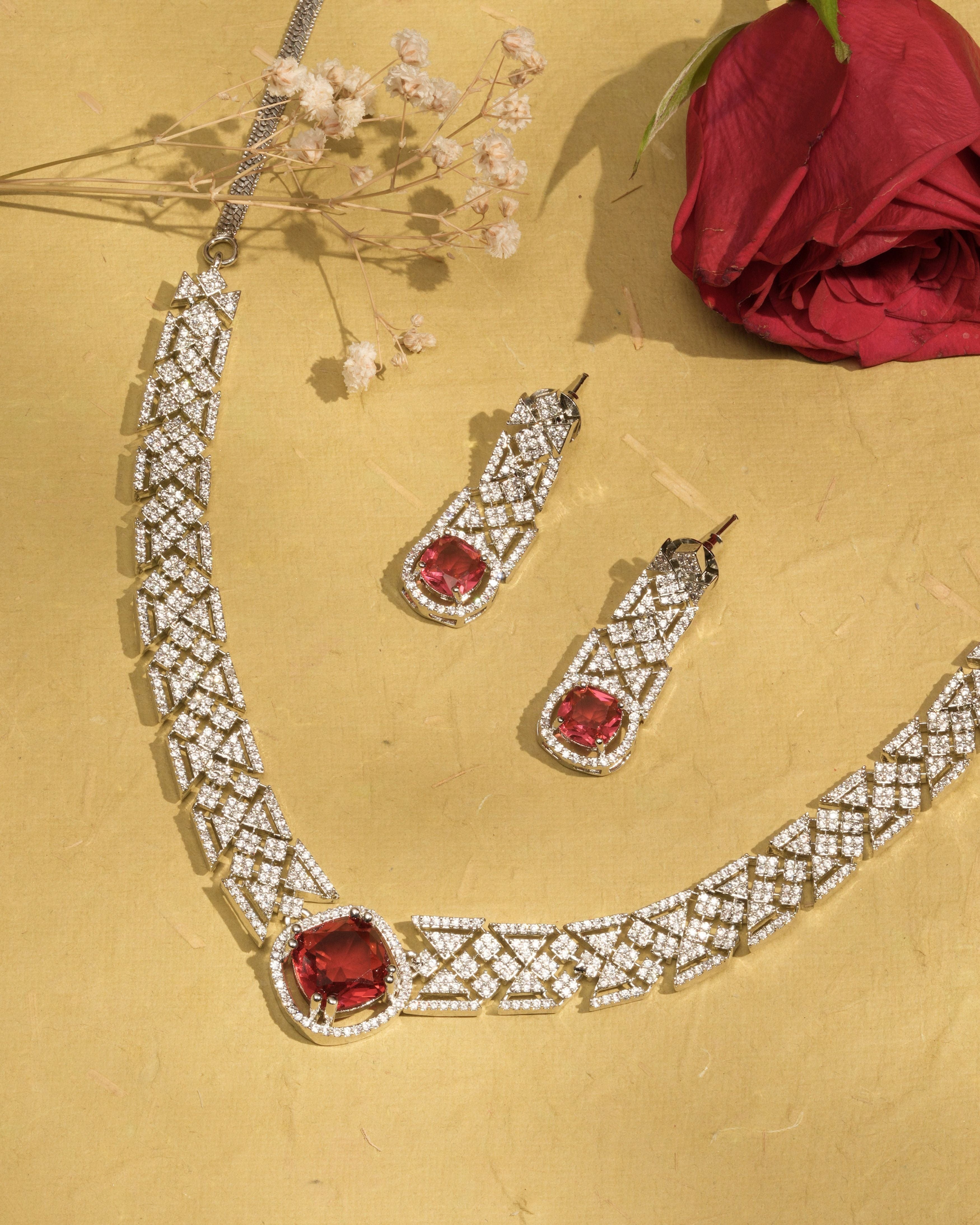 Mataari Necklaces Amethyst Allure CZ Choker & Earring Set | Rhodium | Indian Jewelry | Mataari