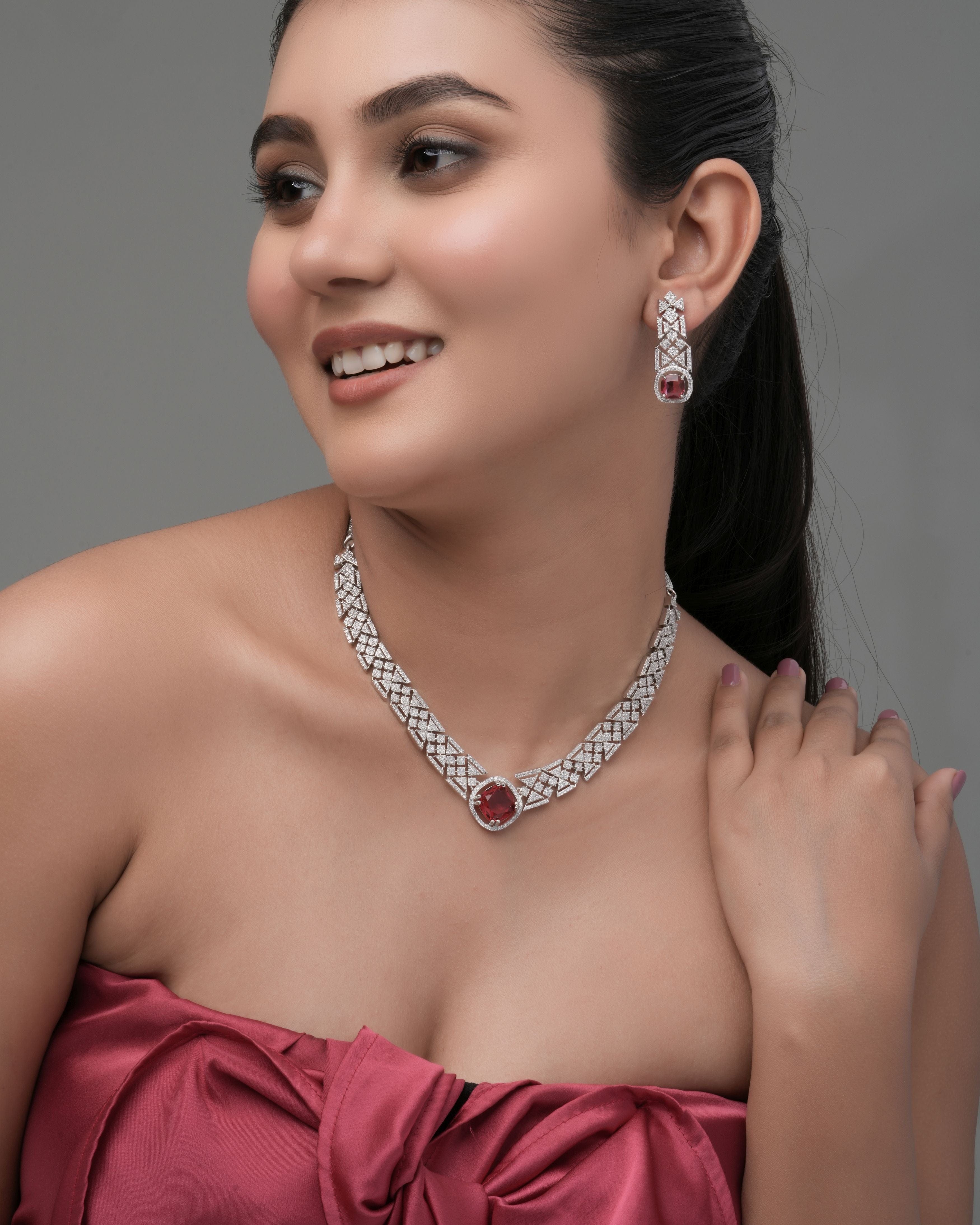 Mataari Necklaces Amethyst Allure CZ Choker & Earring Set | Rhodium | Indian Jewelry | Mataari