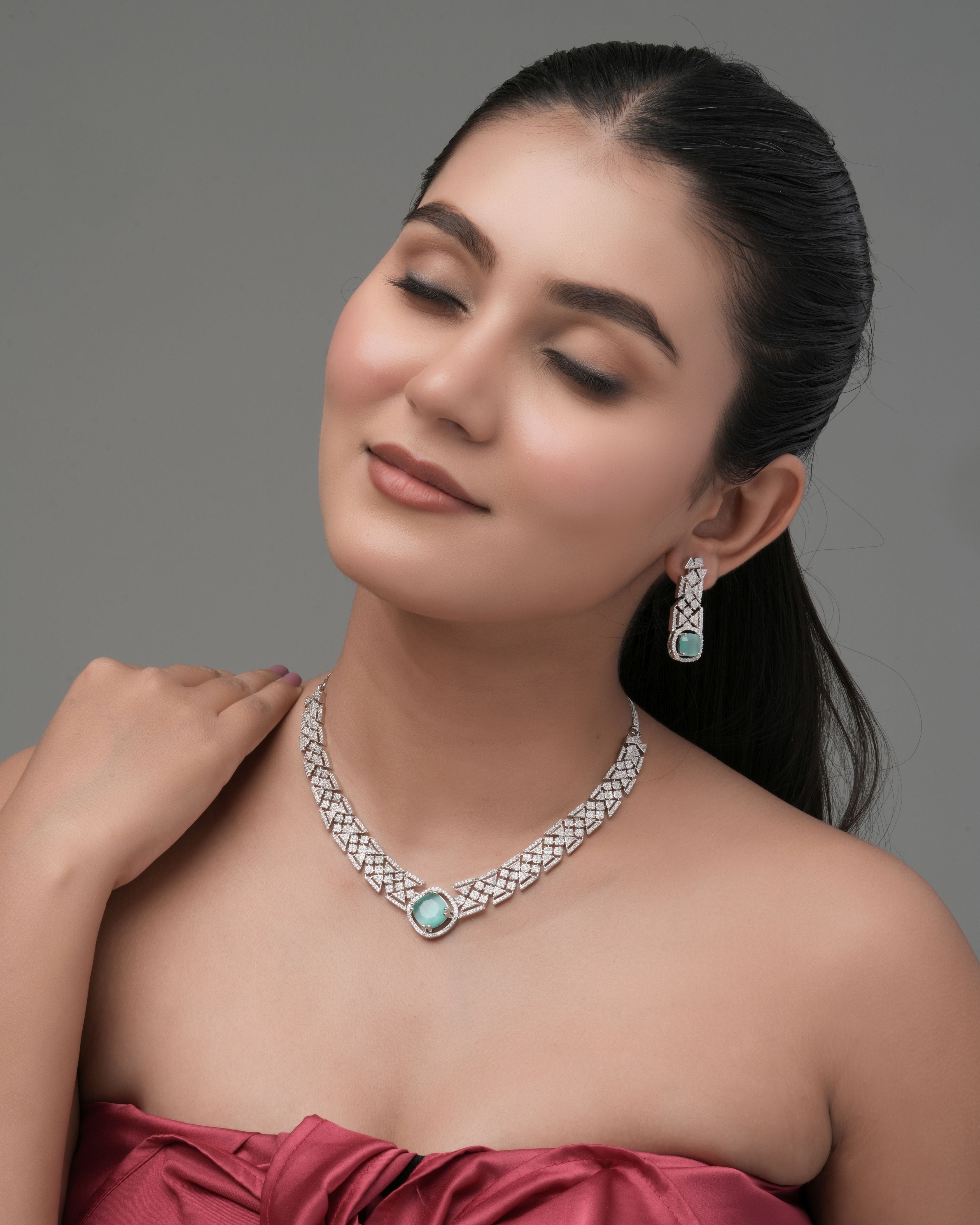 Mataari Necklaces Amethyst Allure CZ Choker & Earring Set | Rhodium | Indian Jewelry | Mataari