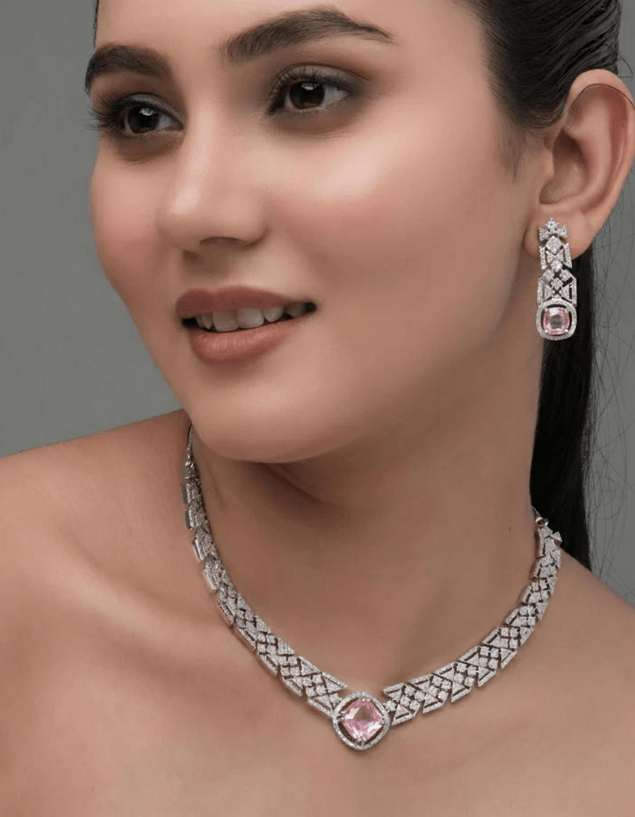 Mataari Necklaces Amethyst Allure CZ Choker & Earring Set | Rhodium | Indian Jewelry | Mataari