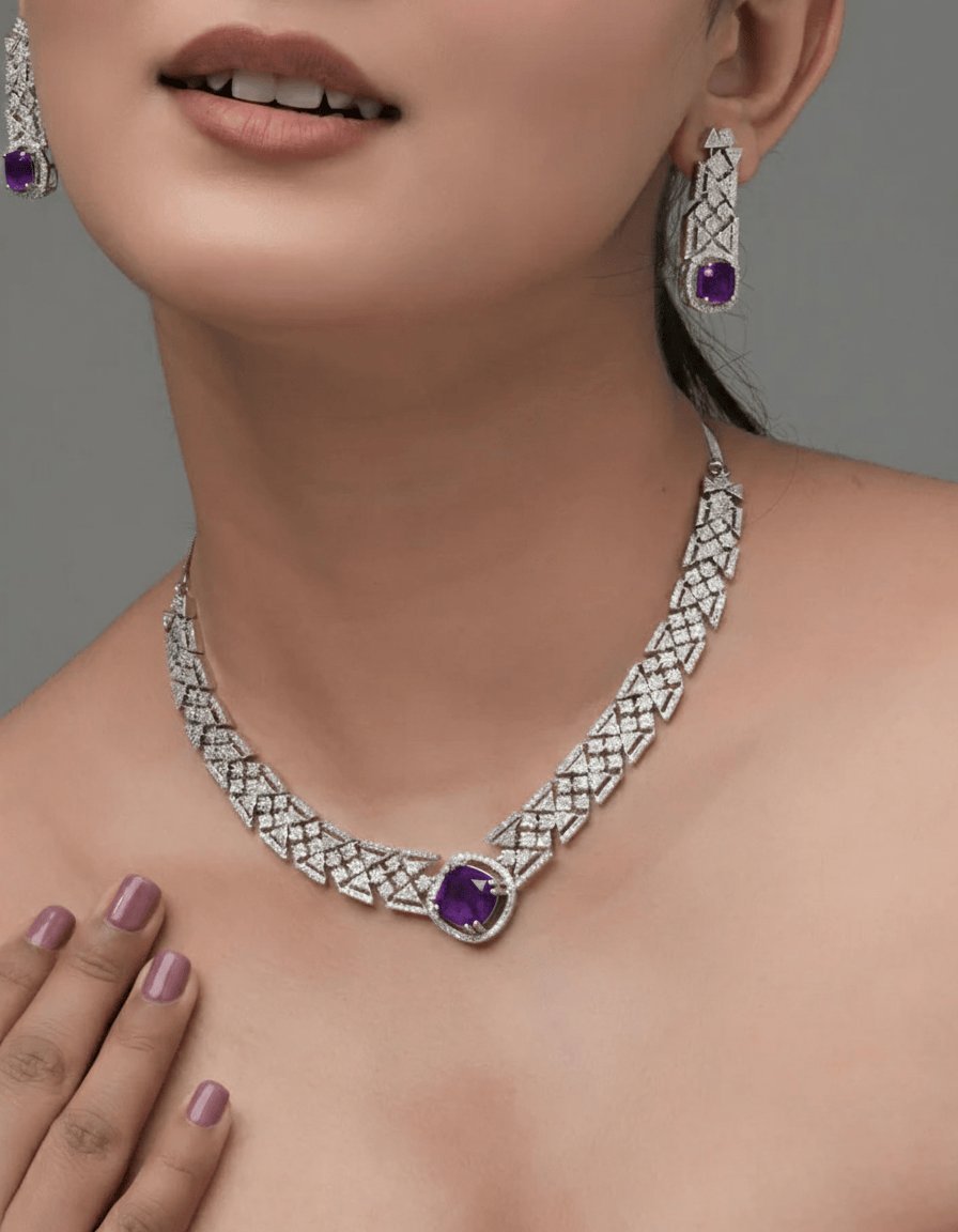 Mataari Necklaces Amethyst Allure CZ Choker & Earring Set | Rhodium | Indian Jewelry | Mataari