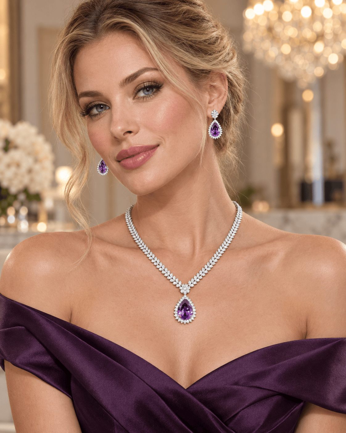 Mataari Necklaces Amethyst Silver Plated Nakshatra Crystal Cubic Zirconia Teardrop Bridal Necklace