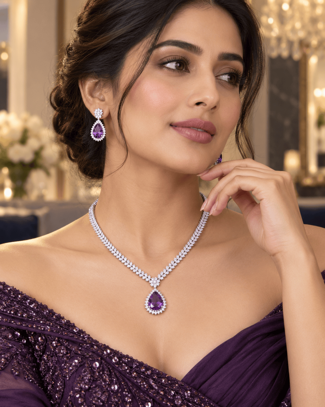 Mataari Necklaces Amethyst Silver Plated Nakshatra Crystal Cubic Zirconia Teardrop Bridal Necklace