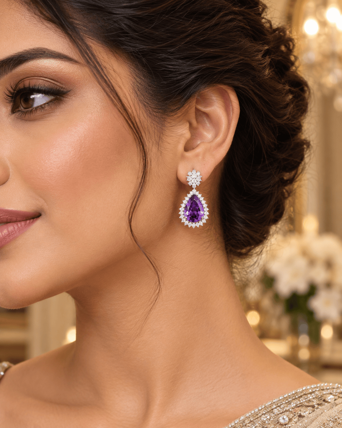 Mataari Necklaces Amethyst Silver Plated Nakshatra Crystal Cubic Zirconia Teardrop Bridal Necklace