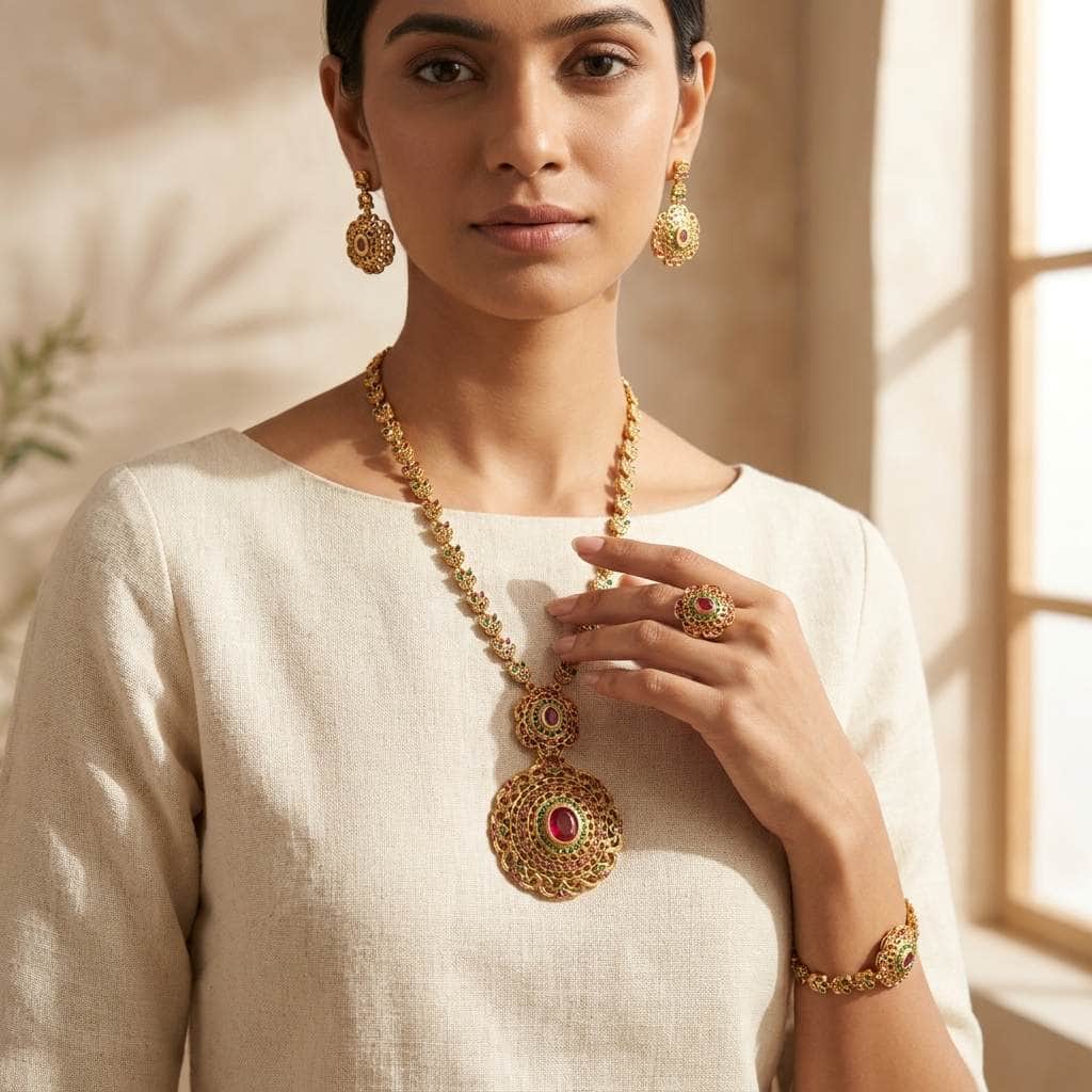 Mataari Necklaces Antique 14K Long Gold Locket Ruby & Emerald Necklace Set with Ring & Bracelet