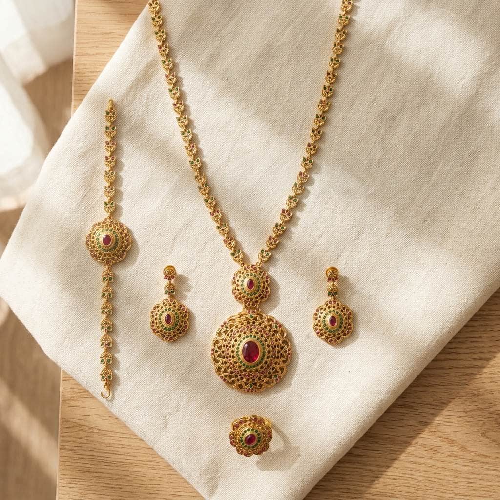 Mataari Necklaces Antique 14K Long Gold Locket Ruby & Emerald Necklace Set with Ring & Bracelet