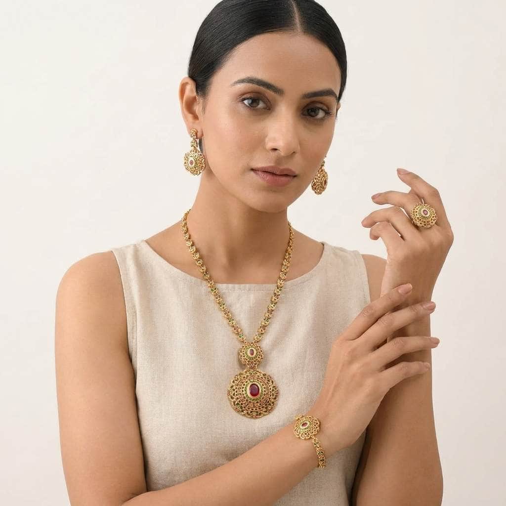 Mataari Necklaces Antique 14K Long Gold Locket Ruby & Emerald Necklace Set with Ring & Bracelet