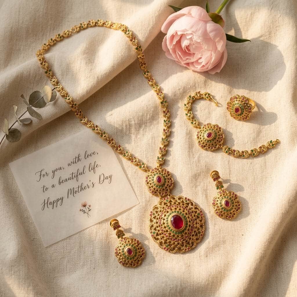 Mataari Necklaces Antique 14K Long Gold Locket Ruby & Emerald Necklace Set with Ring & Bracelet