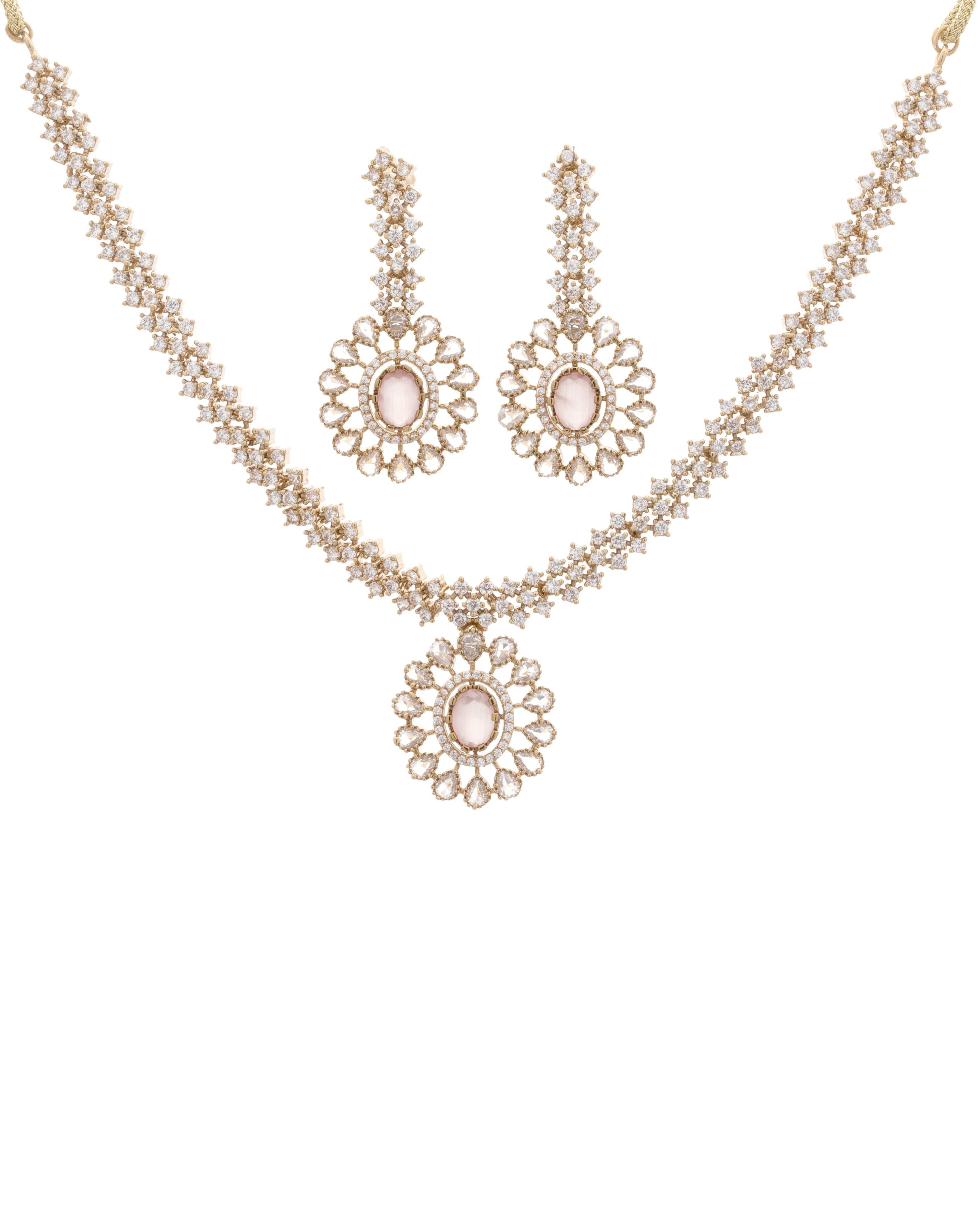 Mataari Necklaces Antique Glimmer Single Drop CZ Necklace & Earrings Set | Pink, Crystal & Green | 18K Gold Tone | Oxidized Indian Jewelry