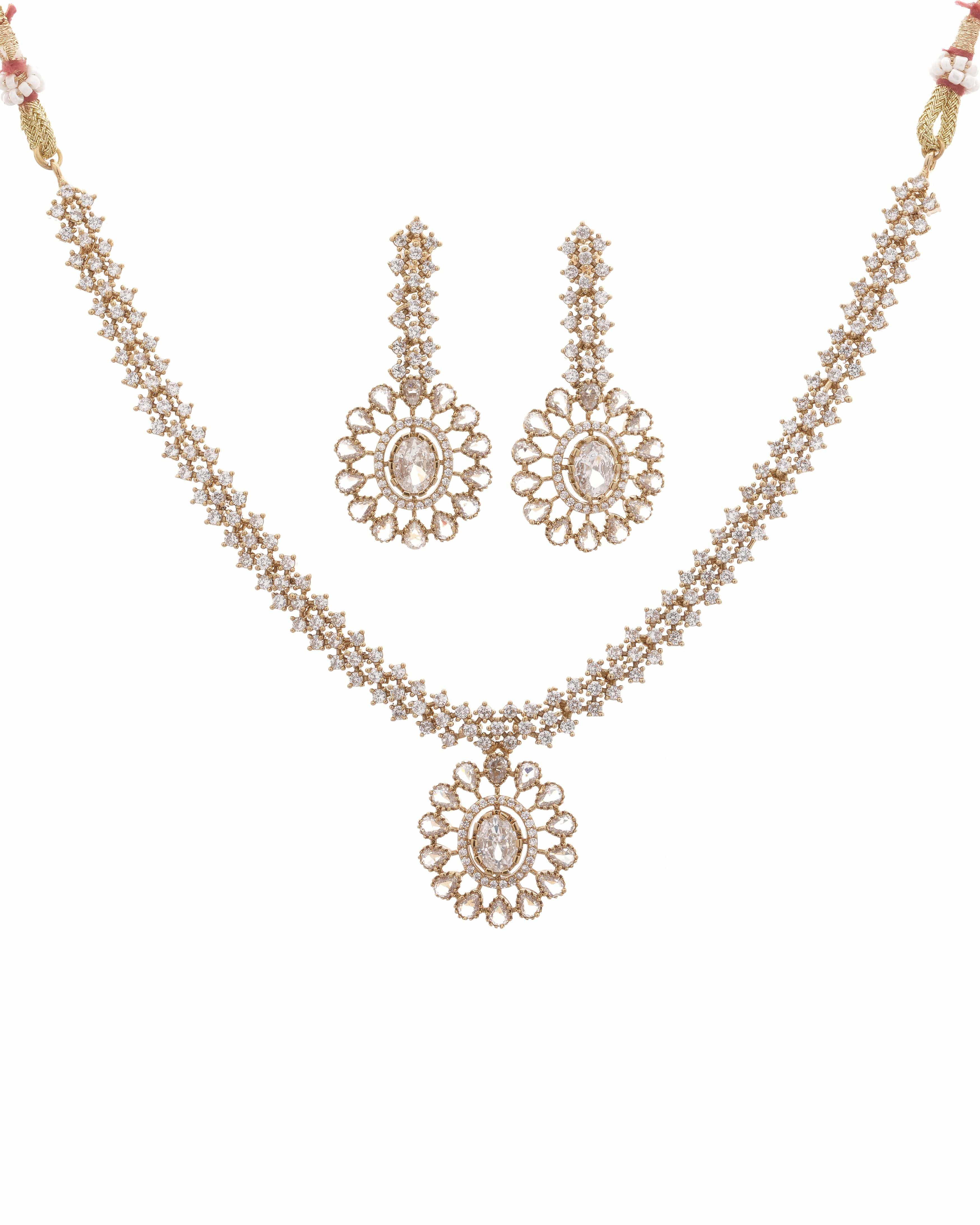 Mataari Necklaces Antique Glimmer Single Drop CZ Necklace & Earrings Set | Pink, Crystal & Green | 18K Gold Tone | Oxidized Indian Jewelry