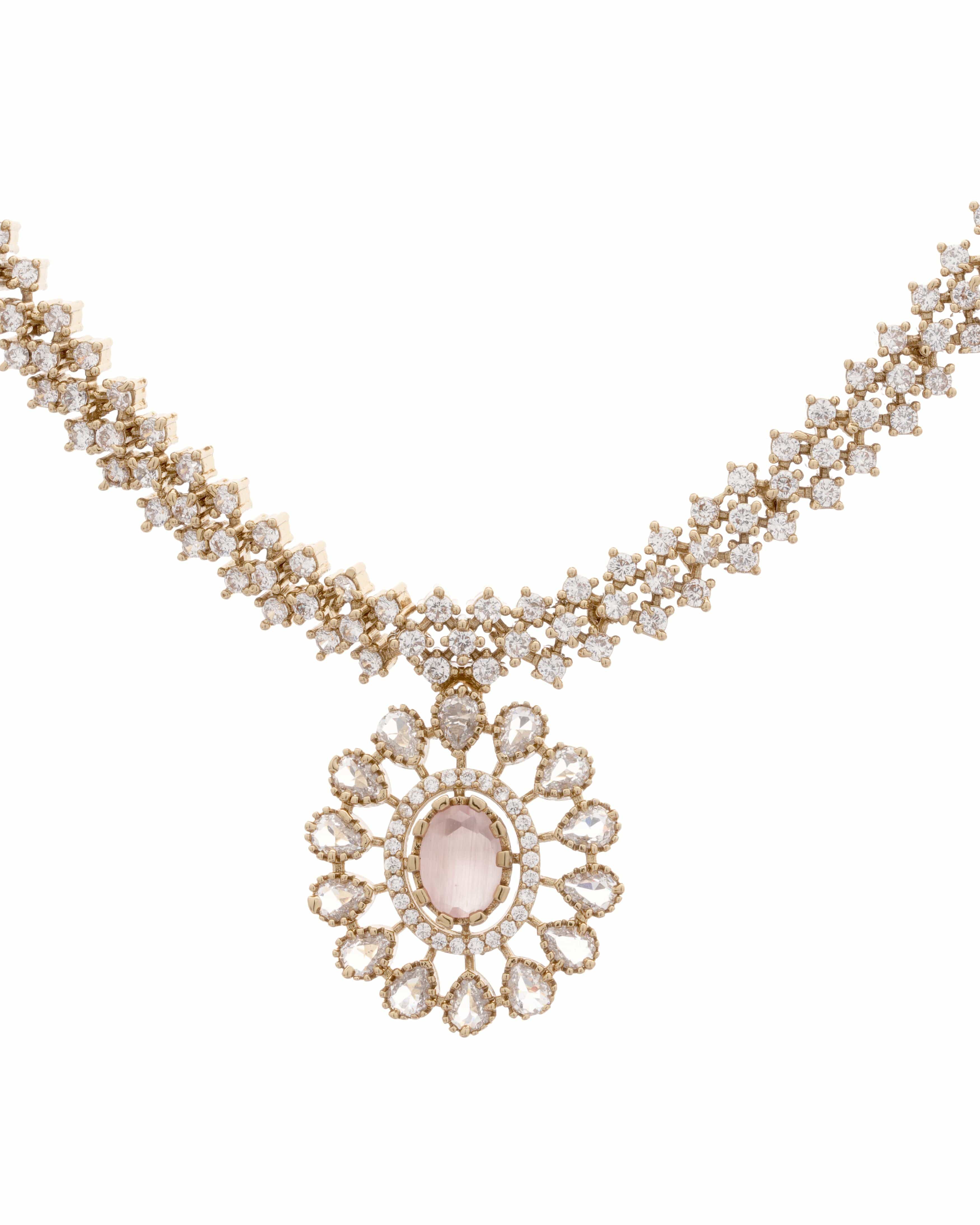 Mataari Necklaces Antique Glimmer Single Drop CZ Necklace & Earrings Set | Pink, Crystal & Green | 18K Gold Tone | Oxidized Indian Jewelry