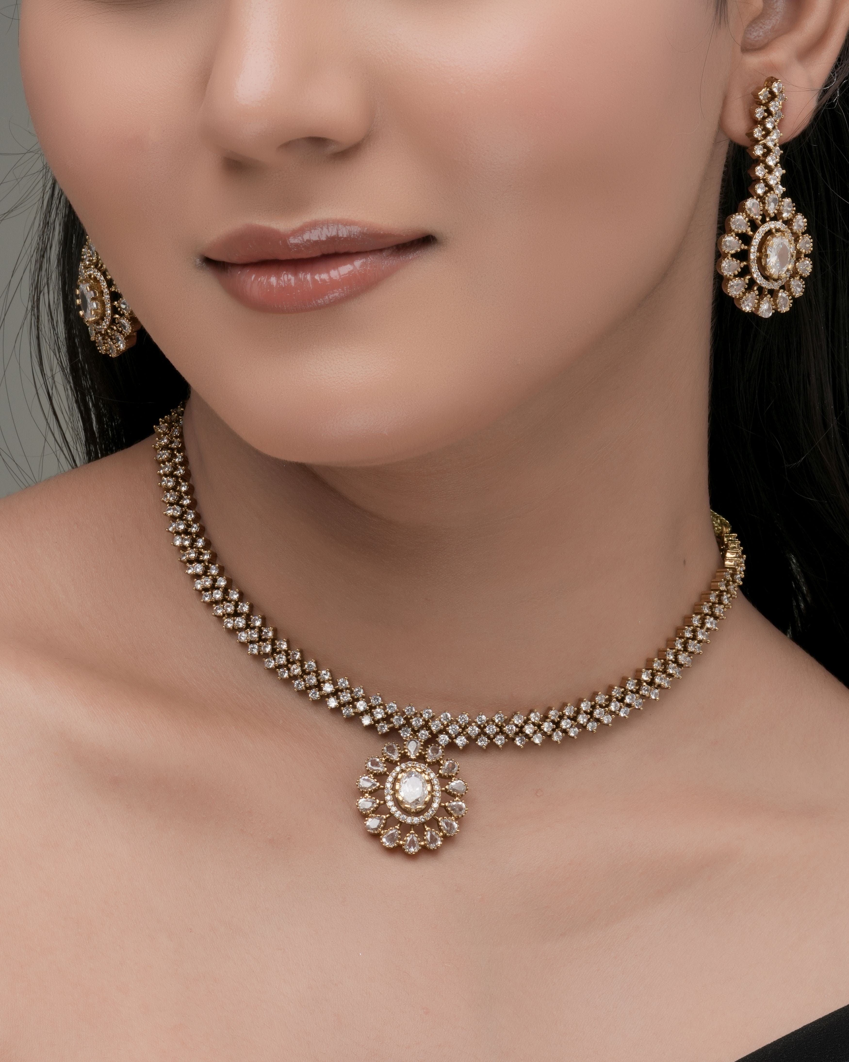 Mataari Necklaces Antique Glimmer Single Drop CZ Necklace & Earrings Set | Pink, Crystal & Green | 18K Gold Tone | Oxidized Indian Jewelry