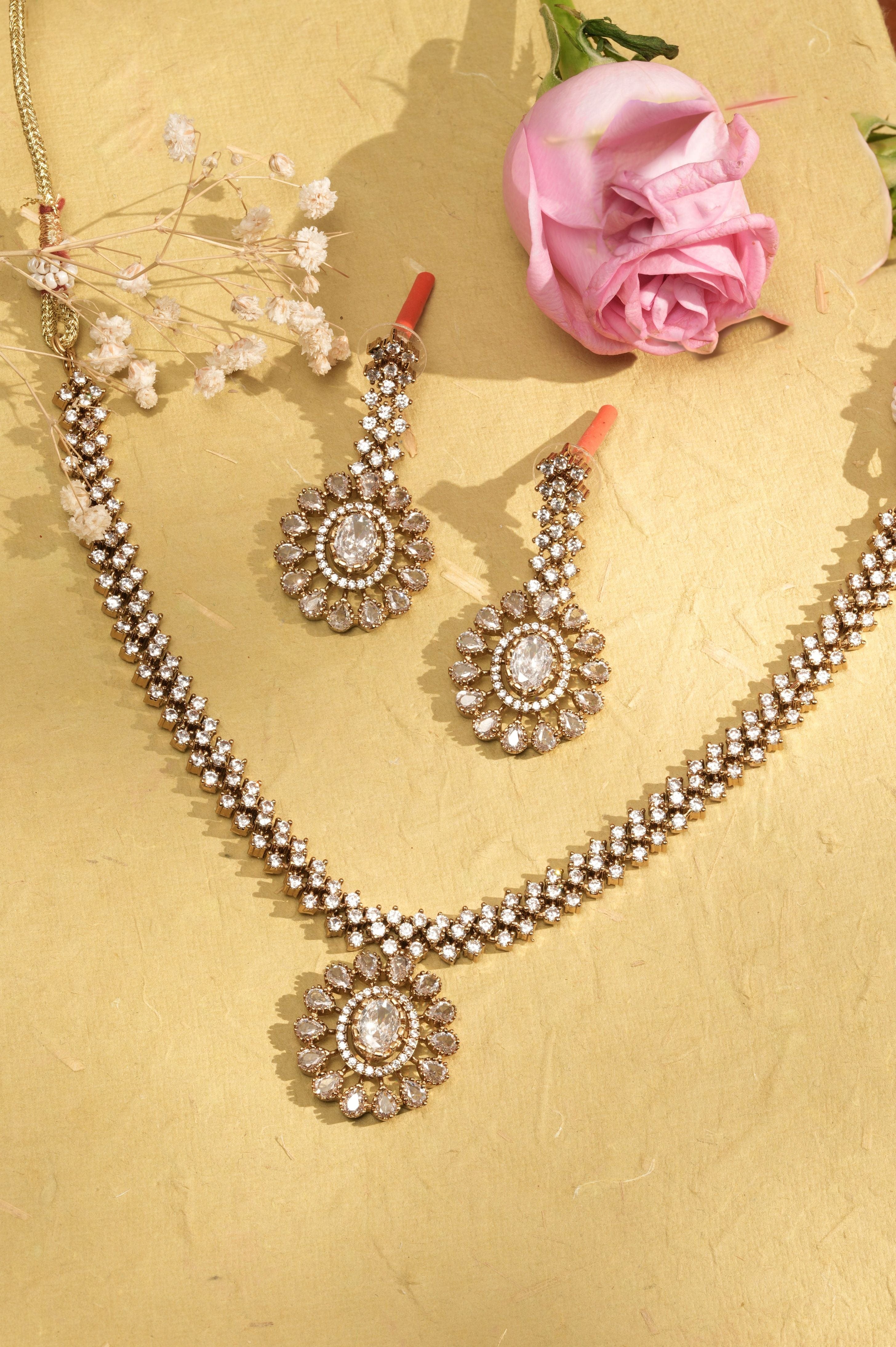 Mataari Necklaces Antique Glimmer Single Drop CZ Necklace & Earrings Set | Pink, Crystal & Green | 18K Gold Tone | Oxidized Indian Jewelry