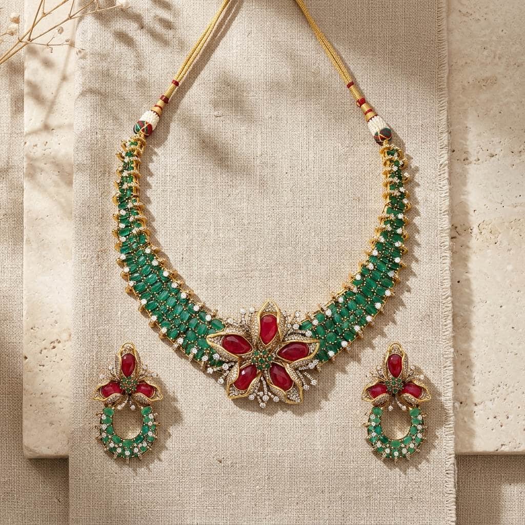 Mataari Necklaces Antique Gold Cubic Zirconia Flower Wedding Choker Necklace