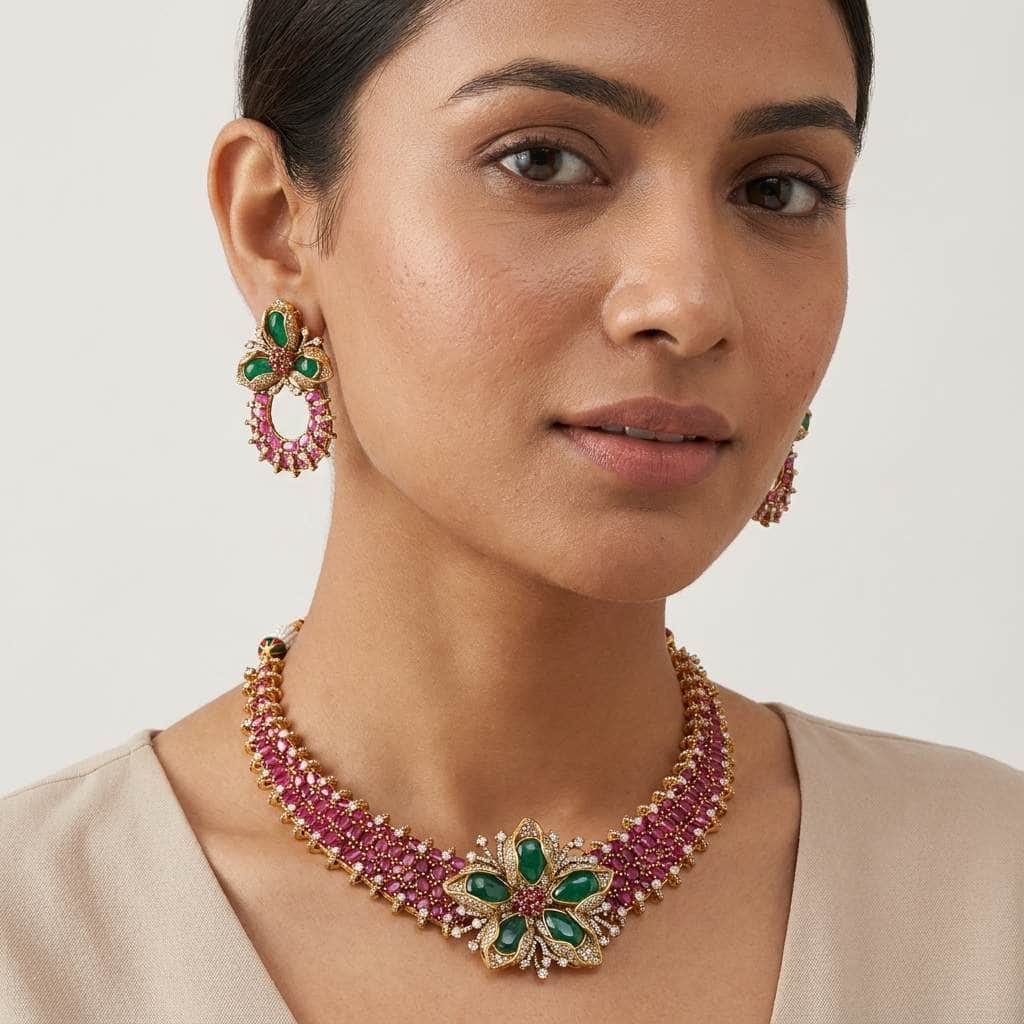 Mataari Necklaces Antique Gold Cubic Zirconia Flower Wedding Choker Necklace