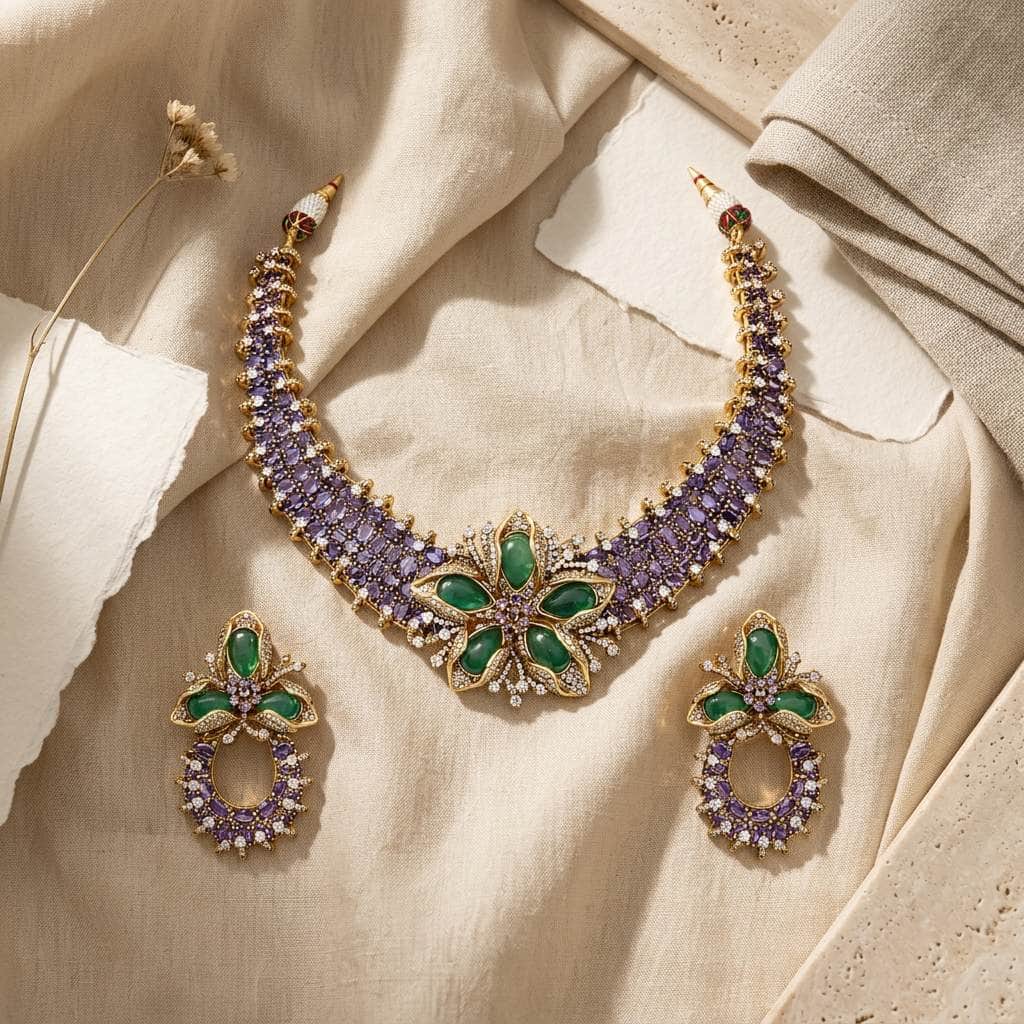 Mataari Necklaces Antique Gold Cubic Zirconia Flower Wedding Choker Necklace