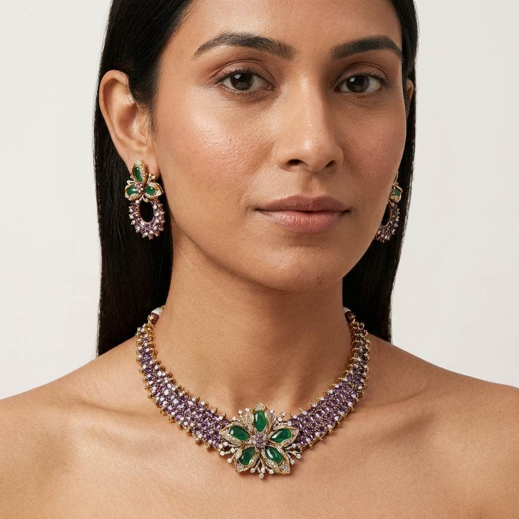 Mataari Necklaces Antique Gold Cubic Zirconia Flower Wedding Choker Necklace