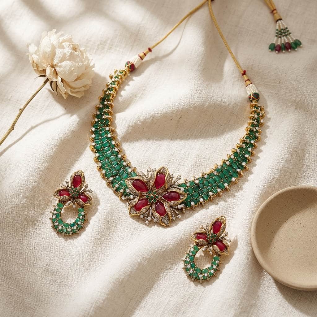 Mataari Necklaces Antique Gold Cubic Zirconia Flower Wedding Choker Necklace