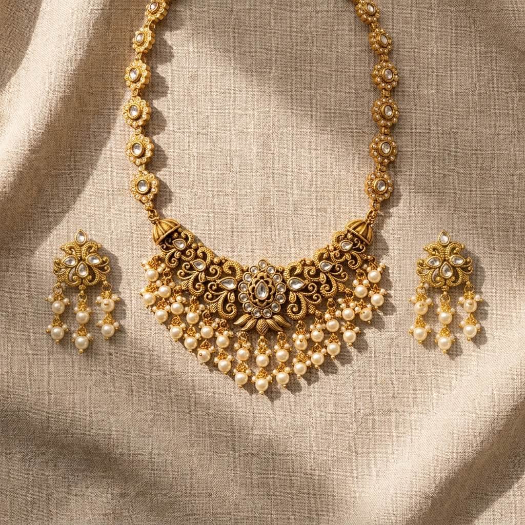 Mataari Necklaces Antique Gold Kundan Flower Polki Beaded Pearl Bridal Necklace Set with Earrings