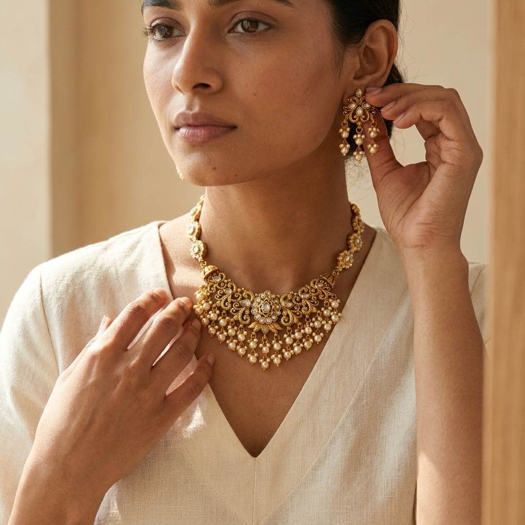 Mataari Necklaces Antique Gold Kundan Flower Polki Beaded Pearl Bridal Necklace Set with Earrings