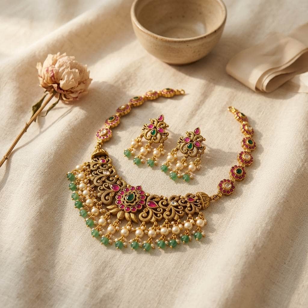 Mataari Necklaces Antique Gold Kundan Flower Polki Beaded Pearl Bridal Necklace Set with Earrings