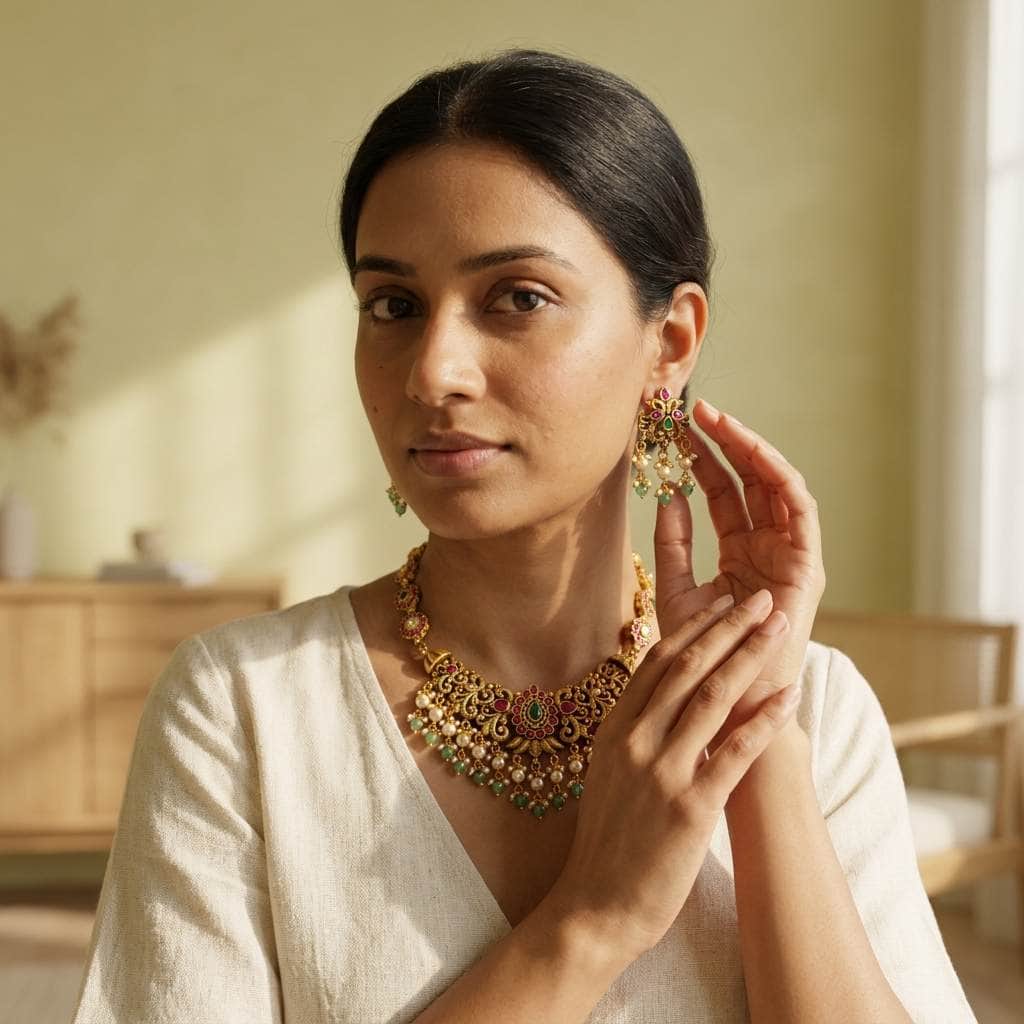 Mataari Necklaces Antique Gold Kundan Flower Polki Beaded Pearl Bridal Necklace Set with Earrings