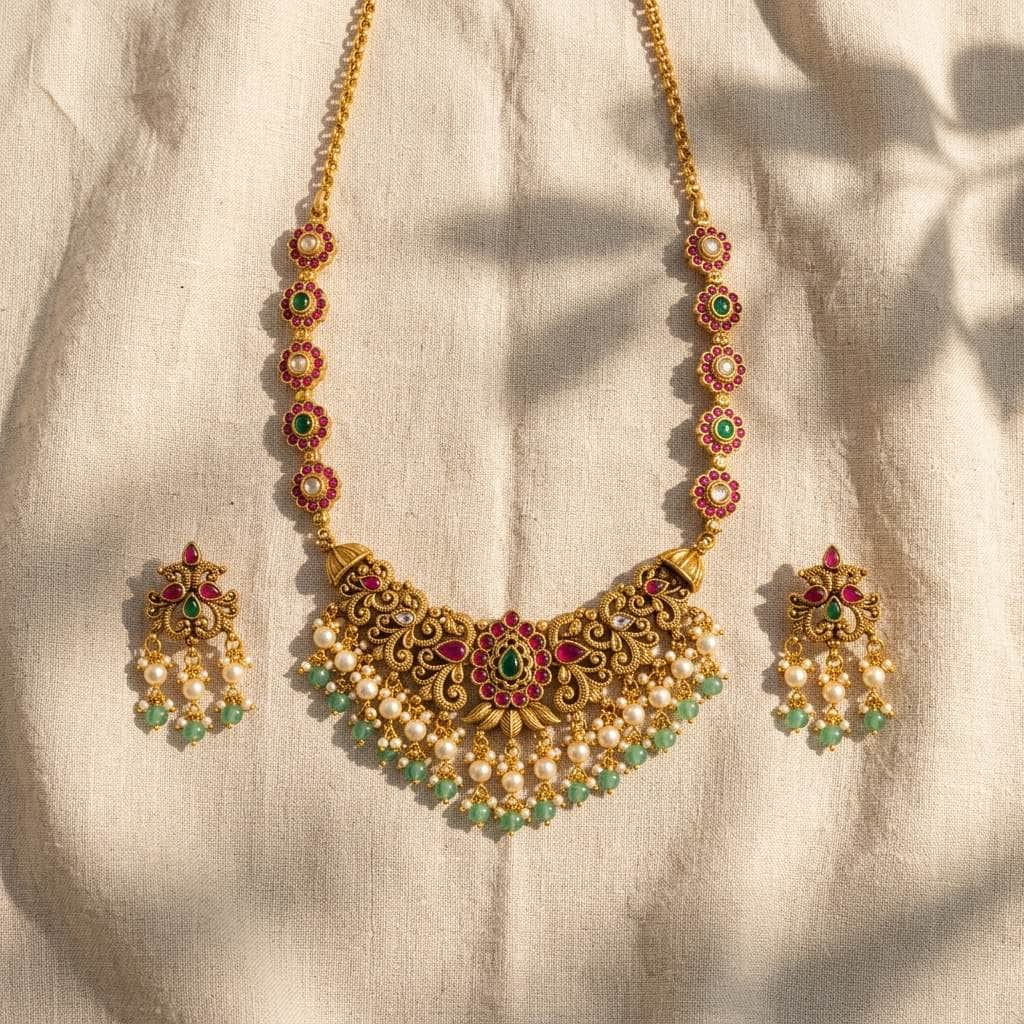 Mataari Necklaces Antique Gold Kundan Flower Polki Beaded Pearl Bridal Necklace Set with Earrings