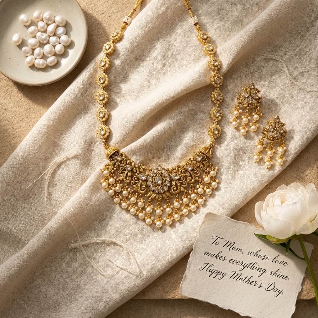 Mataari Necklaces Antique Gold Kundan Flower Polki Beaded Pearl Bridal Necklace Set with Earrings