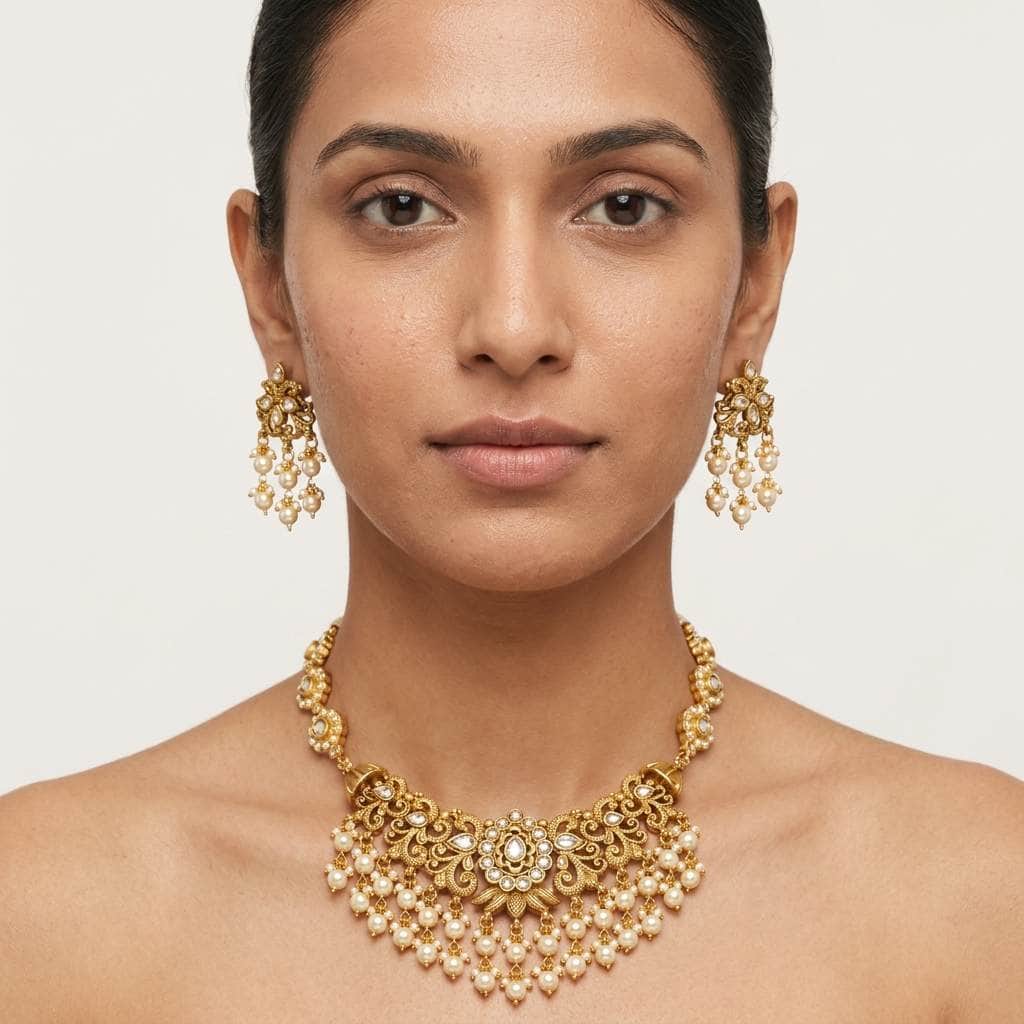 Mataari Necklaces Antique Gold Kundan Flower Polki Beaded Pearl Bridal Necklace Set with Earrings