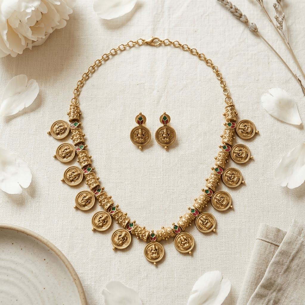 Mataari Necklaces Antique Gold Kundan Polki Goddess Lakshmi Coin Necklace