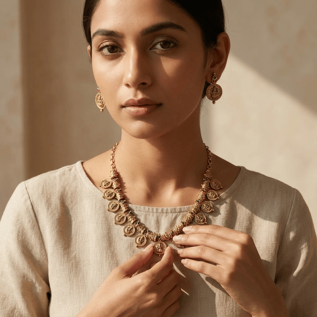 Mataari Necklaces Antique Gold Kundan Polki Goddess Lakshmi Coin Necklace
