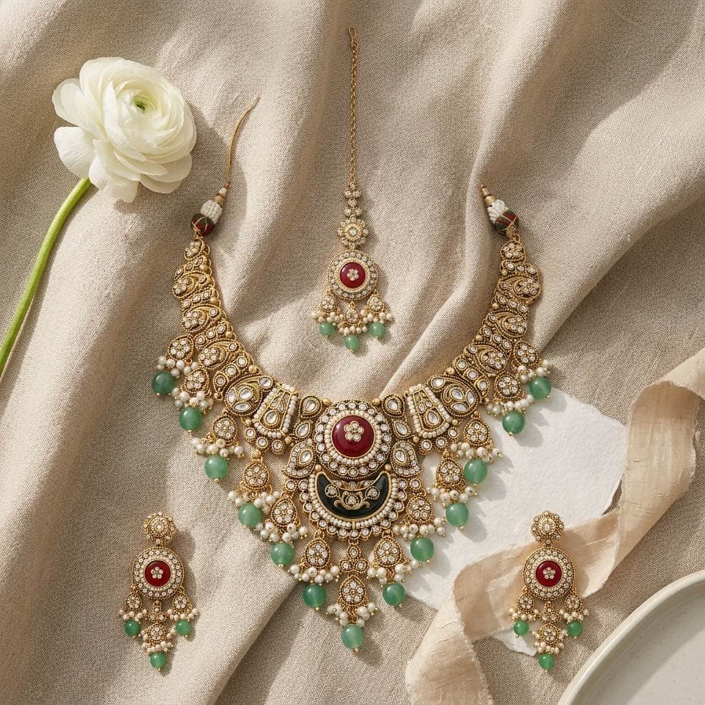 Mataari Necklaces Antique Gold Kundan Polki Pearl Beaded Bridal Necklace with Maang Tikka