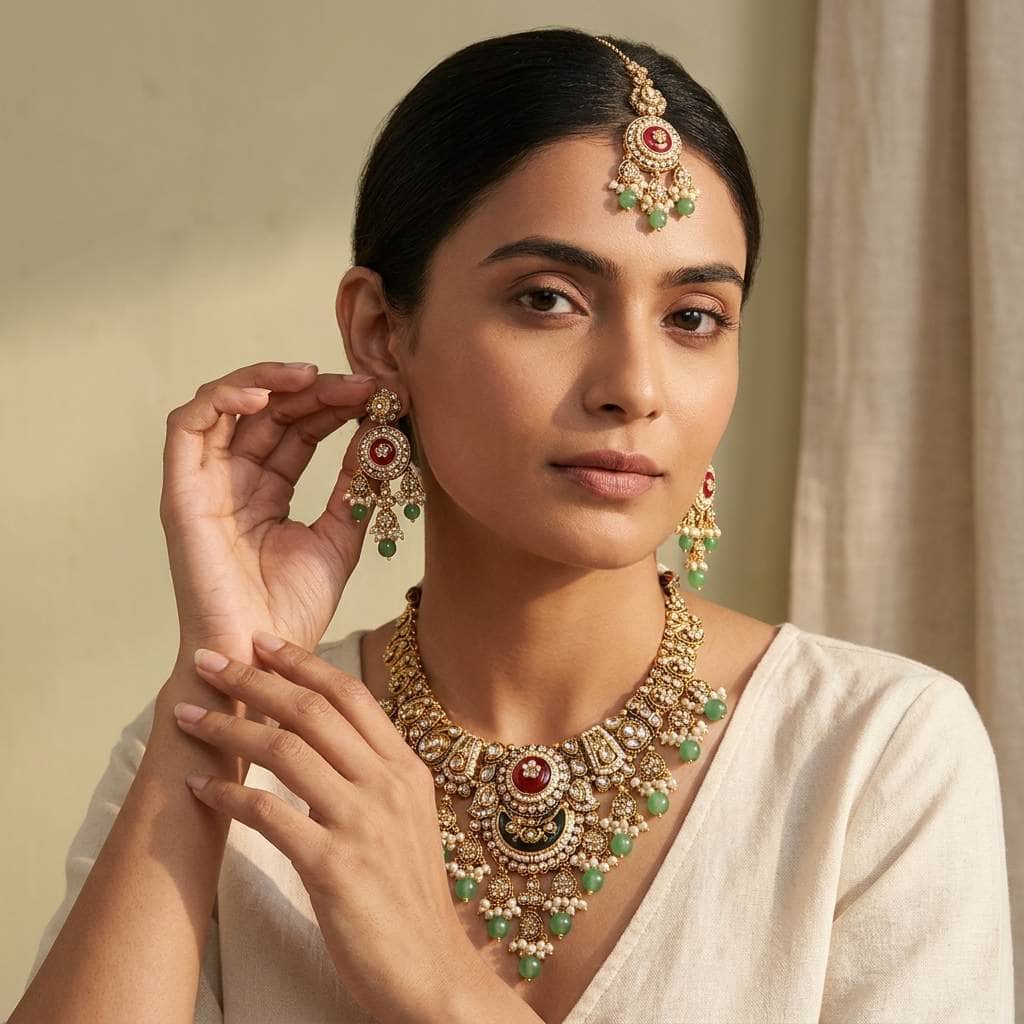 Mataari Necklaces Antique Gold Kundan Polki Pearl Beaded Bridal Necklace with Maang Tikka