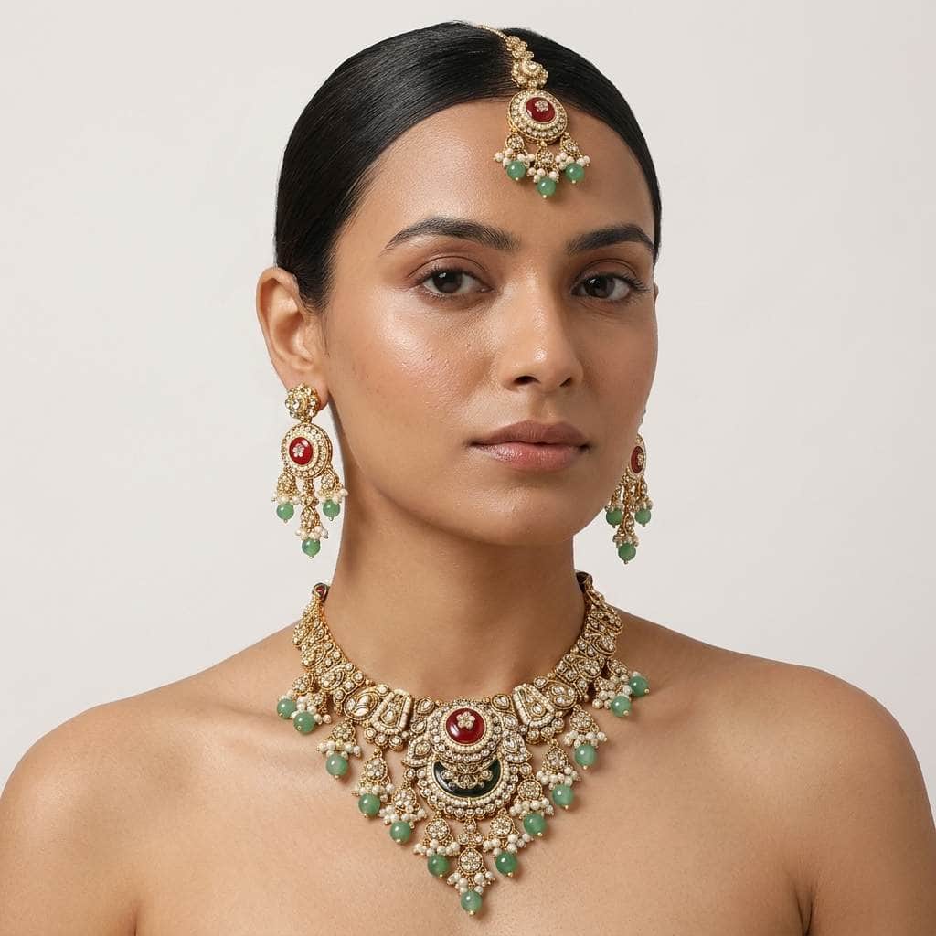 Mataari Necklaces Antique Gold Kundan Polki Pearl Beaded Bridal Necklace with Maang Tikka