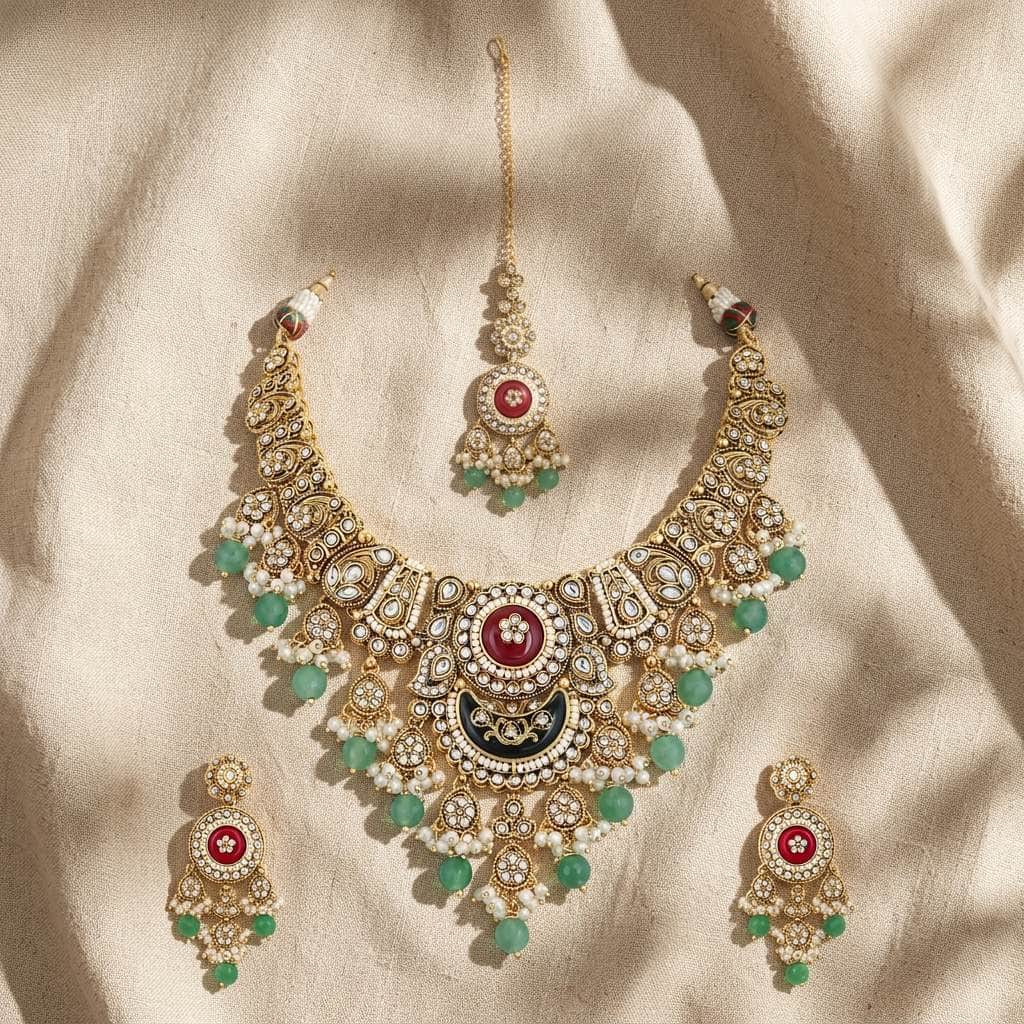Mataari Necklaces Antique Gold Kundan Polki Pearl Beaded Bridal Necklace with Maang Tikka
