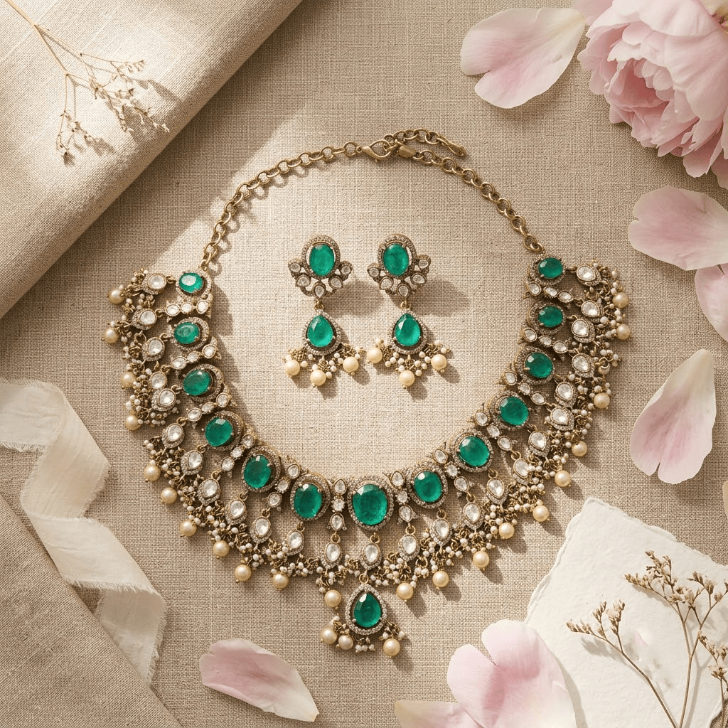 Mataari Necklaces Antique Gold Mint Kundan Polki Teardrop Pearl Beaded Necklace