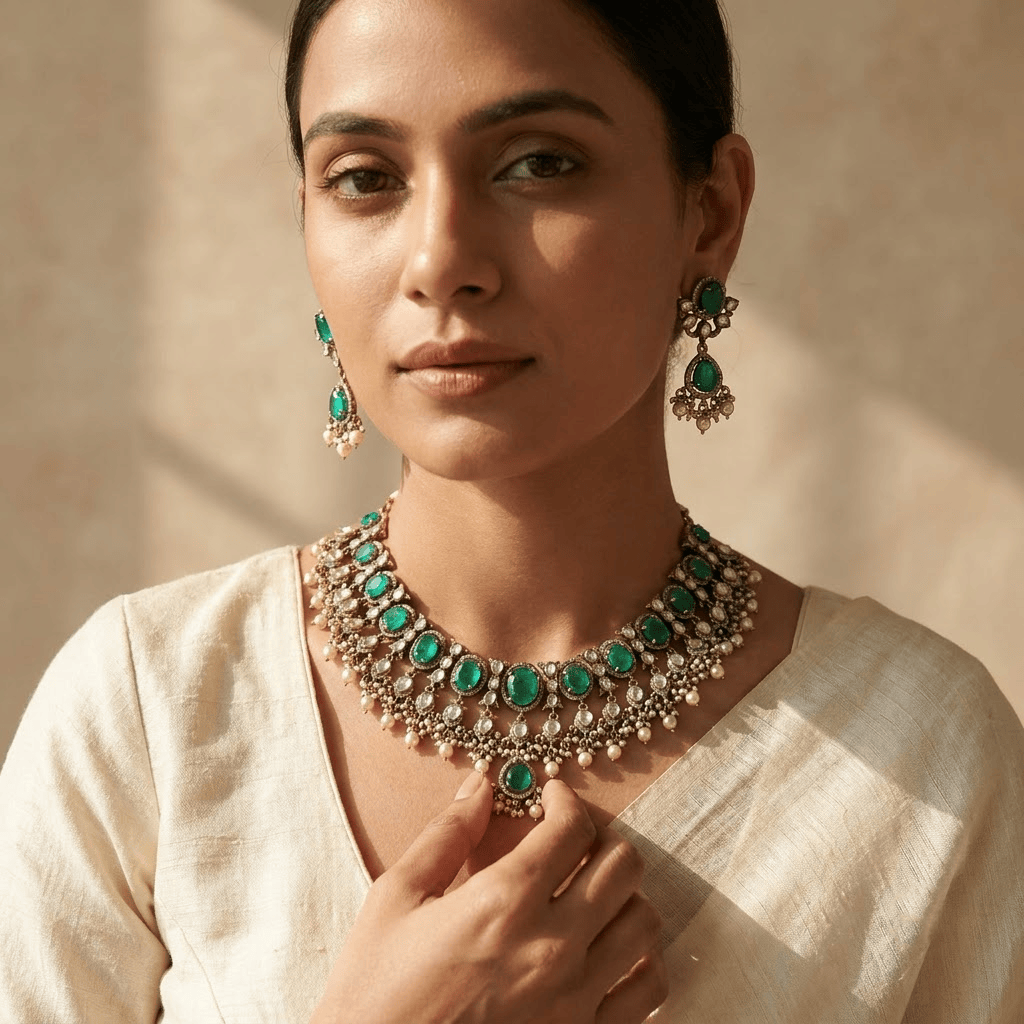 Mataari Necklaces Antique Gold Mint Kundan Polki Teardrop Pearl Beaded Necklace