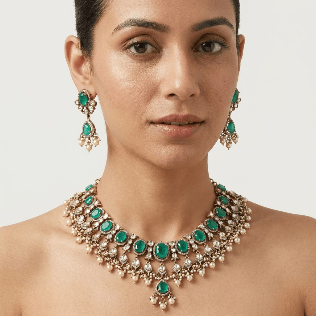 Mataari Necklaces Antique Gold Mint Kundan Polki Teardrop Pearl Beaded Necklace
