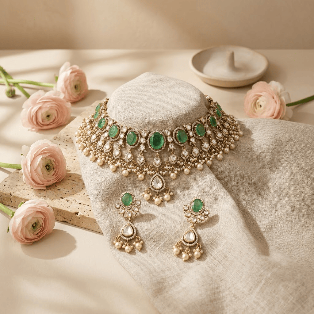 Mataari Necklaces Antique Gold Mint Kundan Polki Teardrop Pearl Beaded Necklace