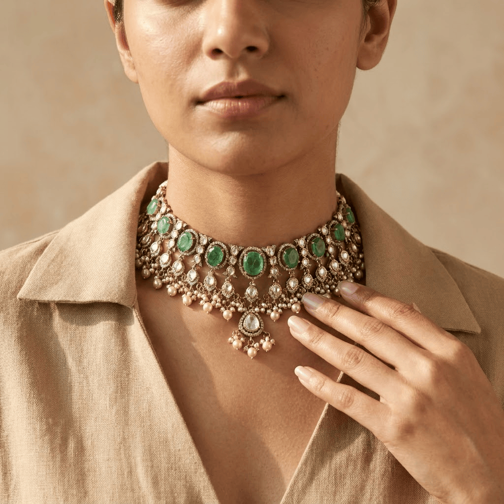 Mataari Necklaces Antique Gold Mint Kundan Polki Teardrop Pearl Beaded Necklace