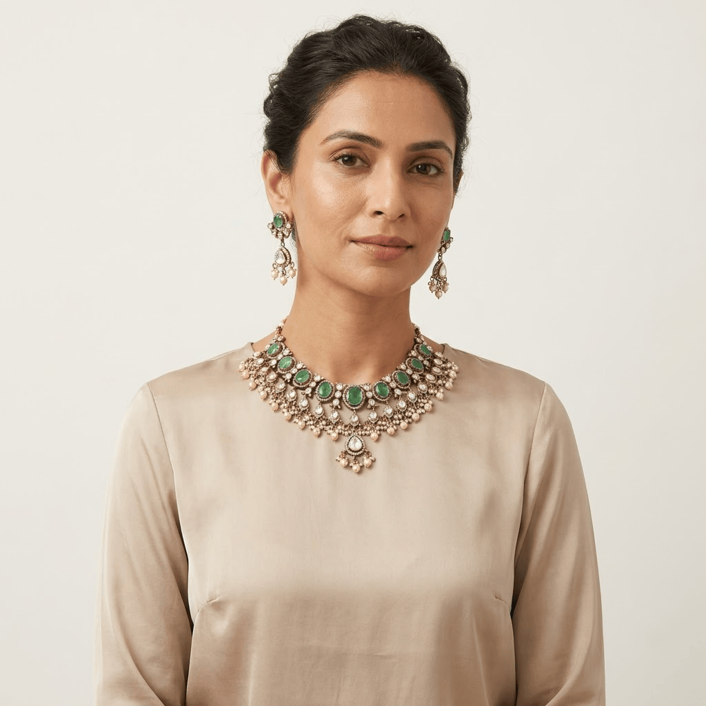 Mataari Necklaces Antique Gold Mint Kundan Polki Teardrop Pearl Beaded Necklace