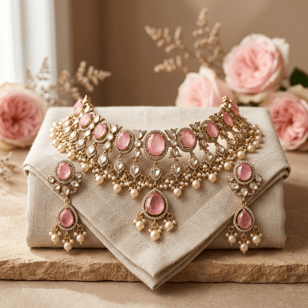 Mataari Necklaces Antique Gold Mint Kundan Polki Teardrop Pearl Beaded Necklace