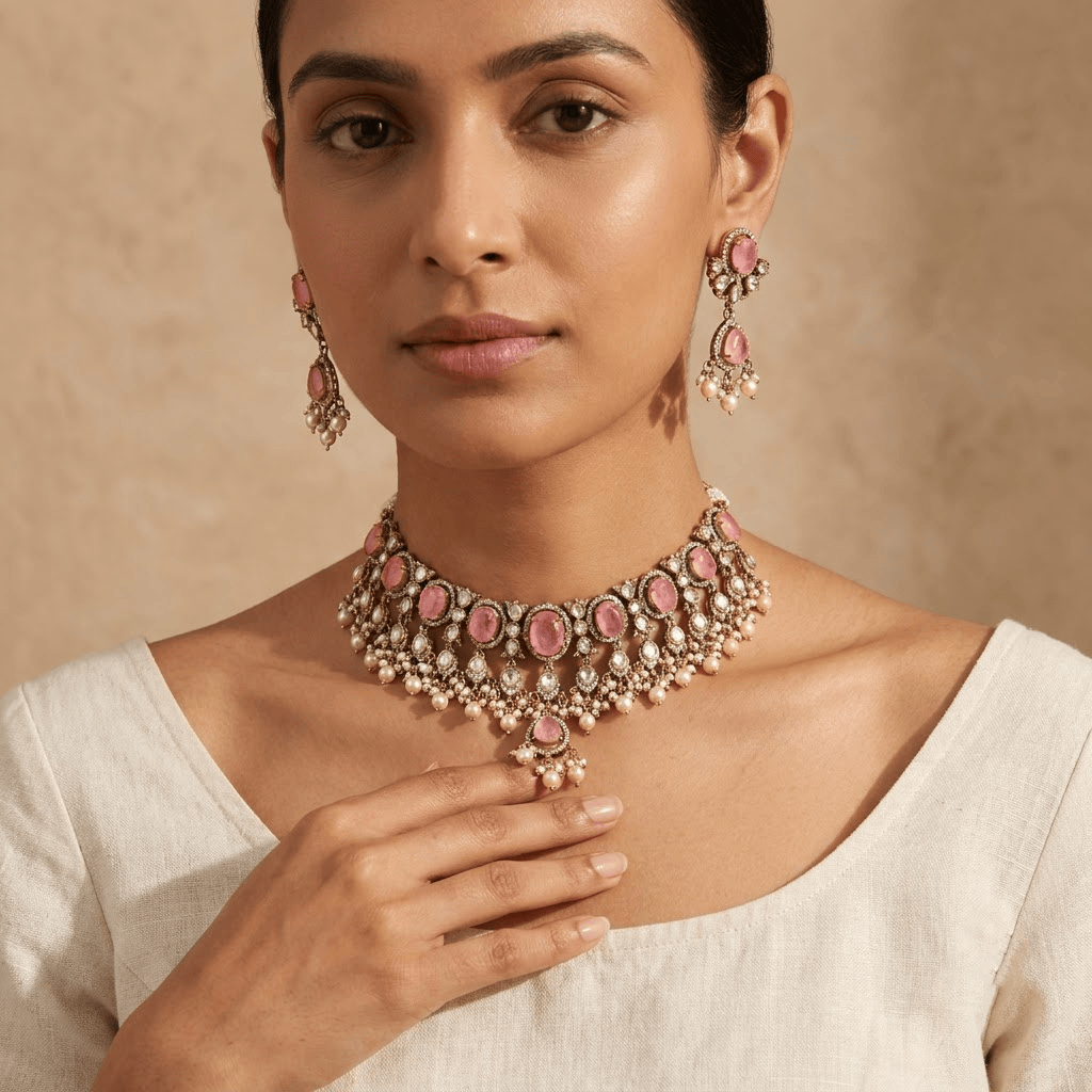 Mataari Necklaces Antique Gold Mint Kundan Polki Teardrop Pearl Beaded Necklace