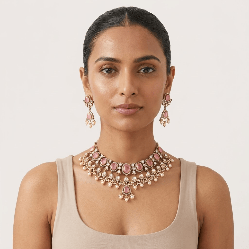 Mataari Necklaces Antique Gold Mint Kundan Polki Teardrop Pearl Beaded Necklace