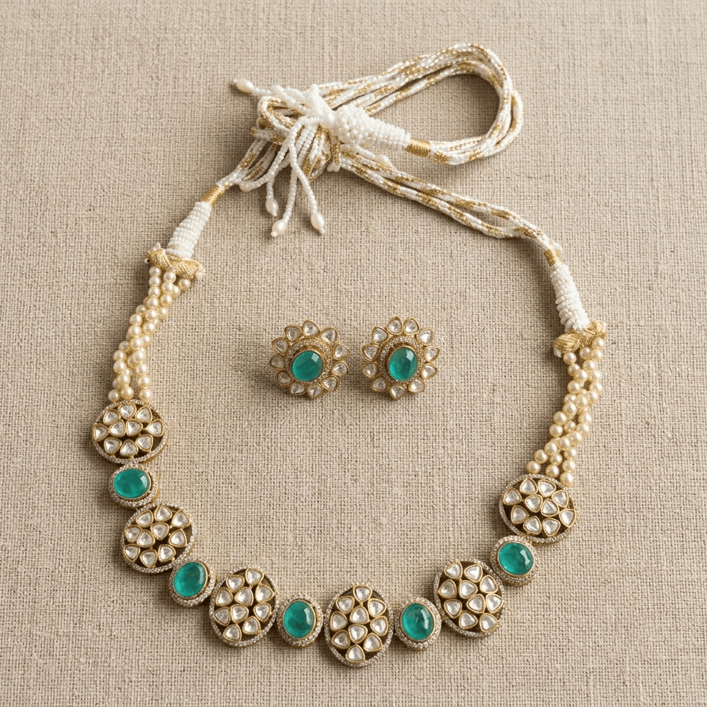 Mataari Necklaces Antique Gold Mint Oval Cubic Zirconia Polki Pearl Single Line Necklace