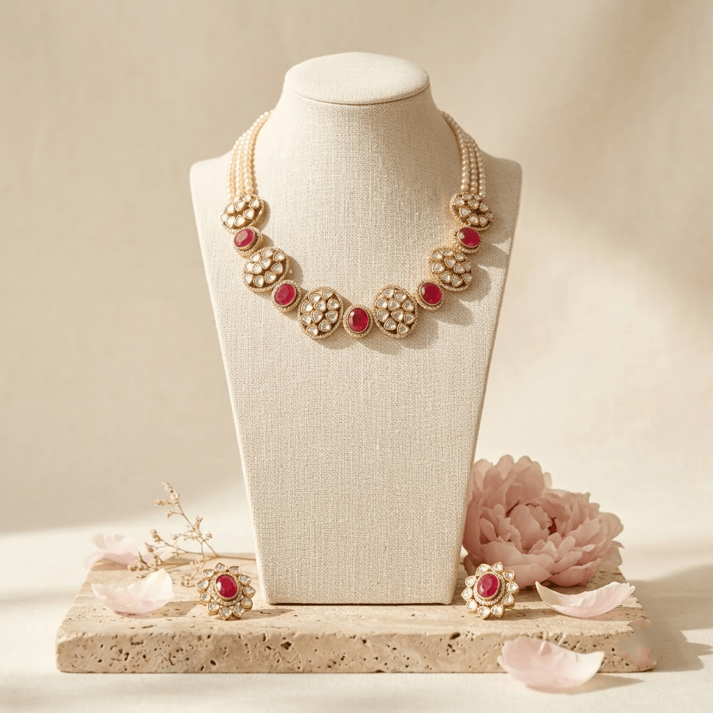 Mataari Necklaces Antique Gold Mint Oval Cubic Zirconia Polki Pearl Single Line Necklace