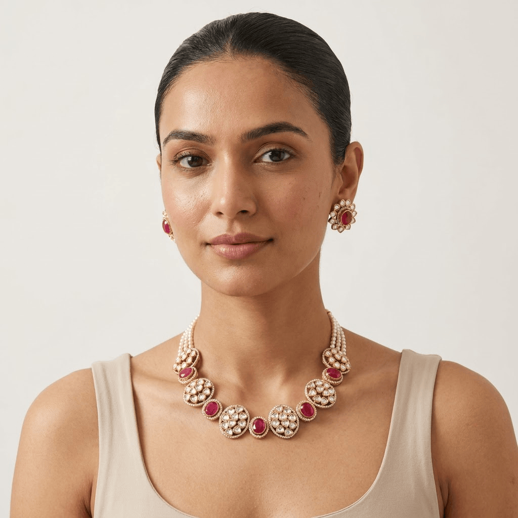 Mataari Necklaces Antique Gold Mint Oval Cubic Zirconia Polki Pearl Single Line Necklace