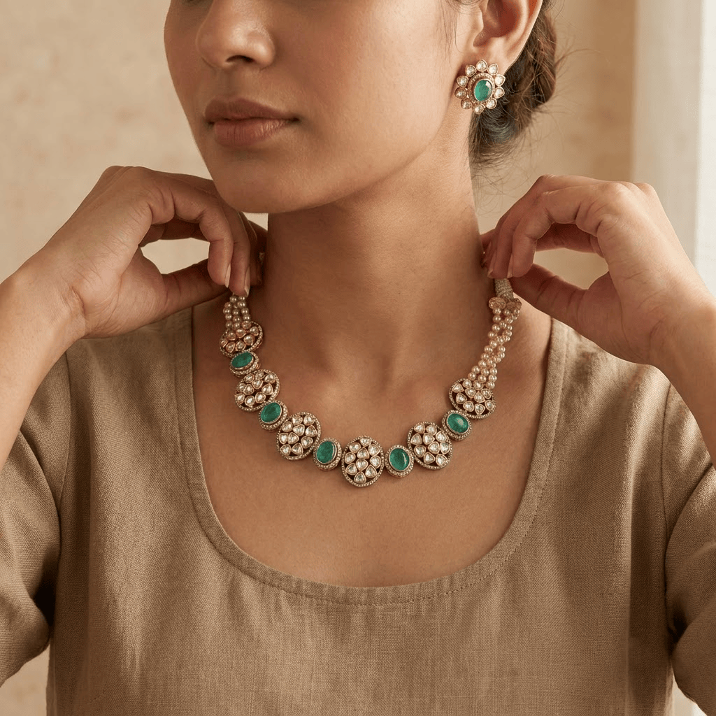 Mataari Necklaces Antique Gold Mint Oval Cubic Zirconia Polki Pearl Single Line Necklace
